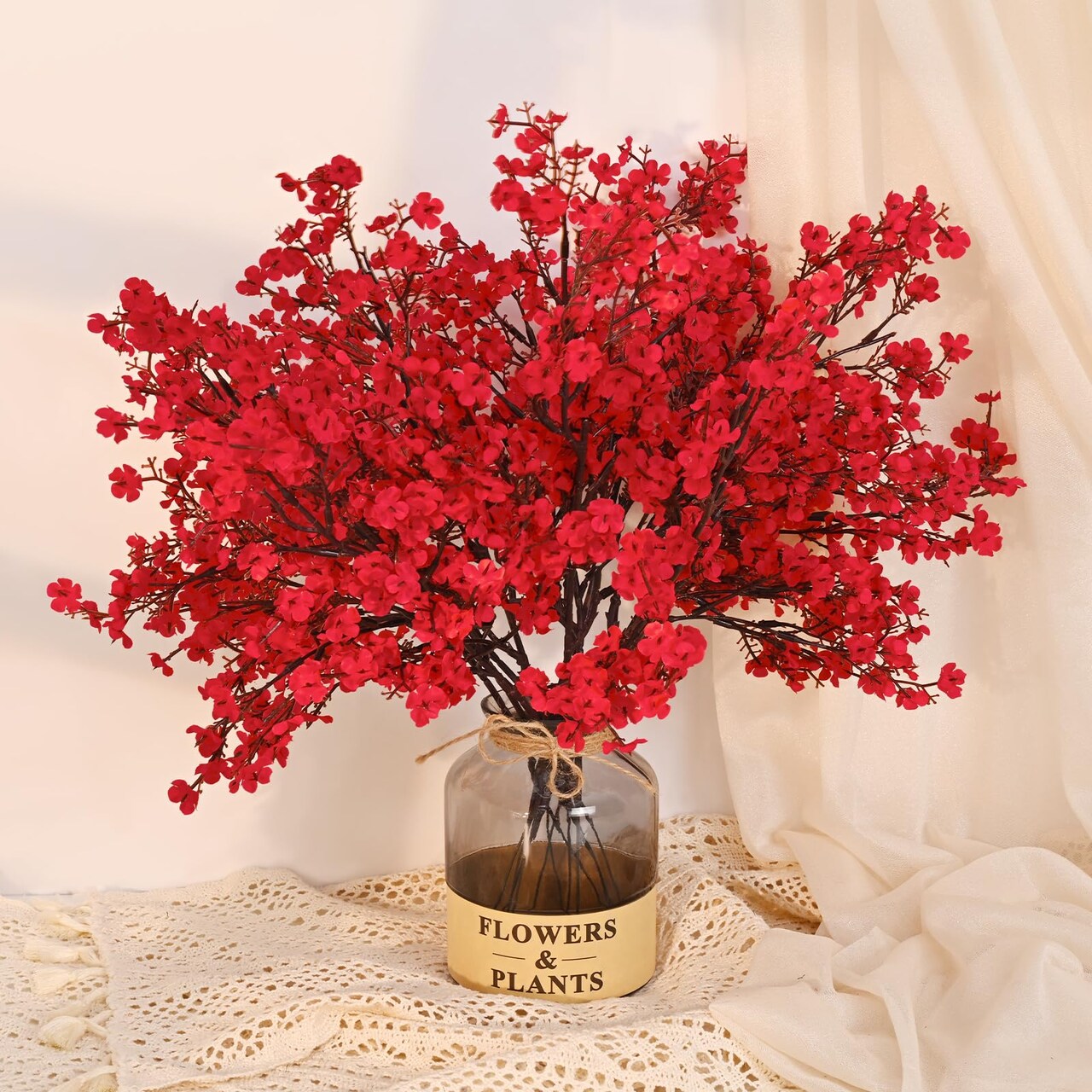 Red Fake Flowers Artificial Flowers, 5Pcs Real Touch Silk Flowers Faux Flowers for Decorations, Babys Breath Artificial Flowers Bulk for Spring Decor Floral Arrangement